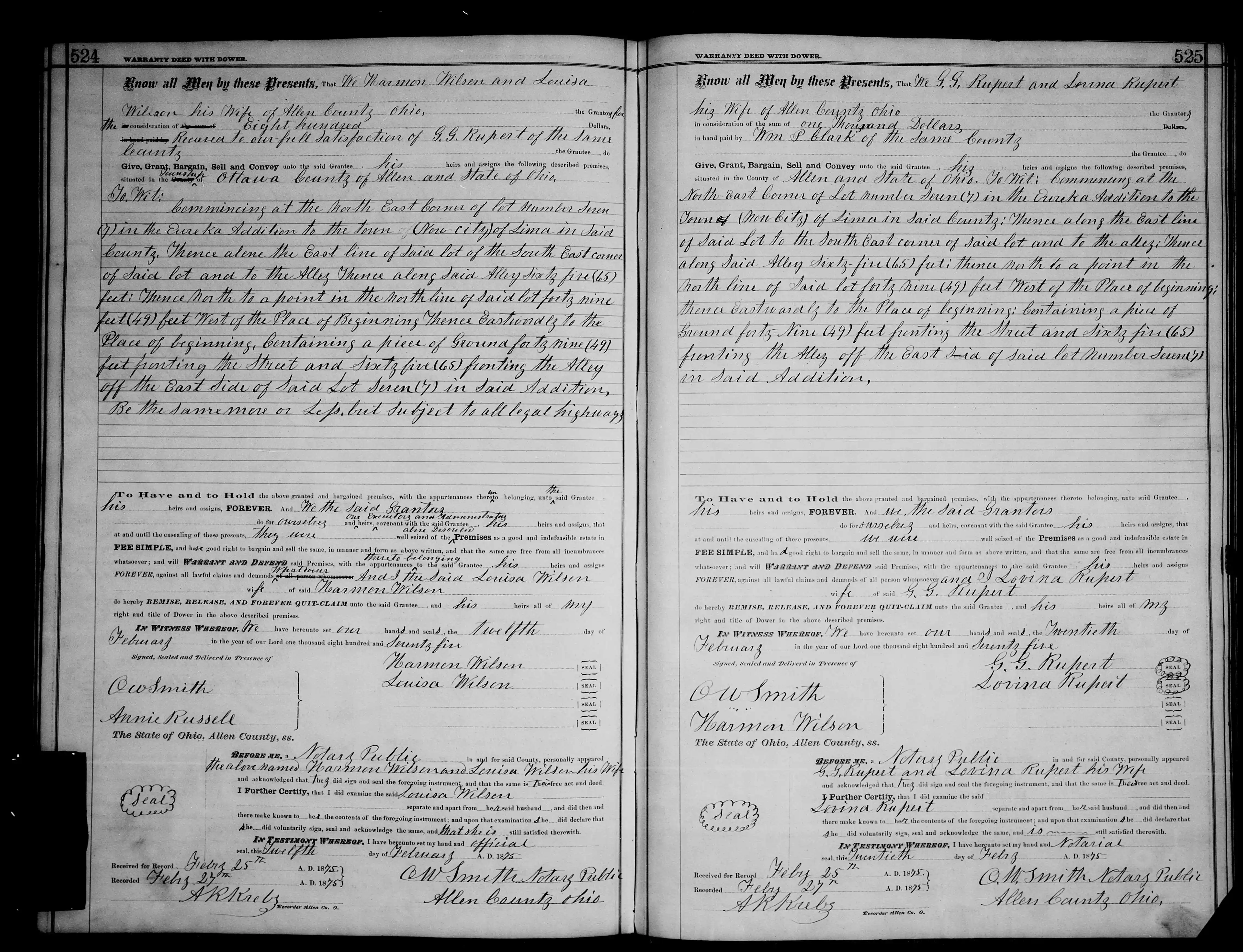 Harmon & Louisa Wilson Lima, Ohio Lot Sold To Greenberry George Rupert, 02-12-1875